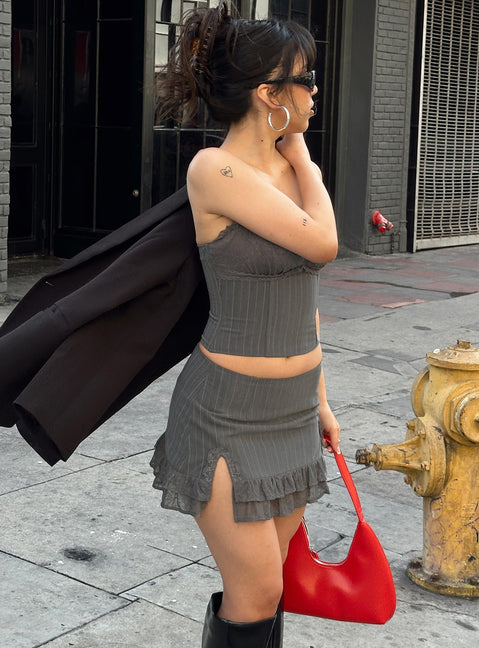 Front view of model wearing  front Ferran Mini Skirt Grey Pinstripe Princess Polly  Mini Skirts 