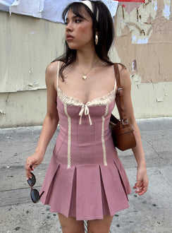 front view of model wearing Princess Polly Shirina Mini Dress Dusty Pink Square Neck 