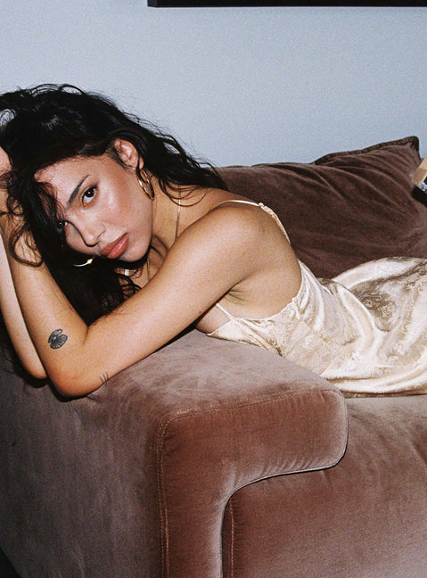 Front view of model wearing  front Princess Polly High Neck High Neck  Champagne Pop Mini Dress Petite