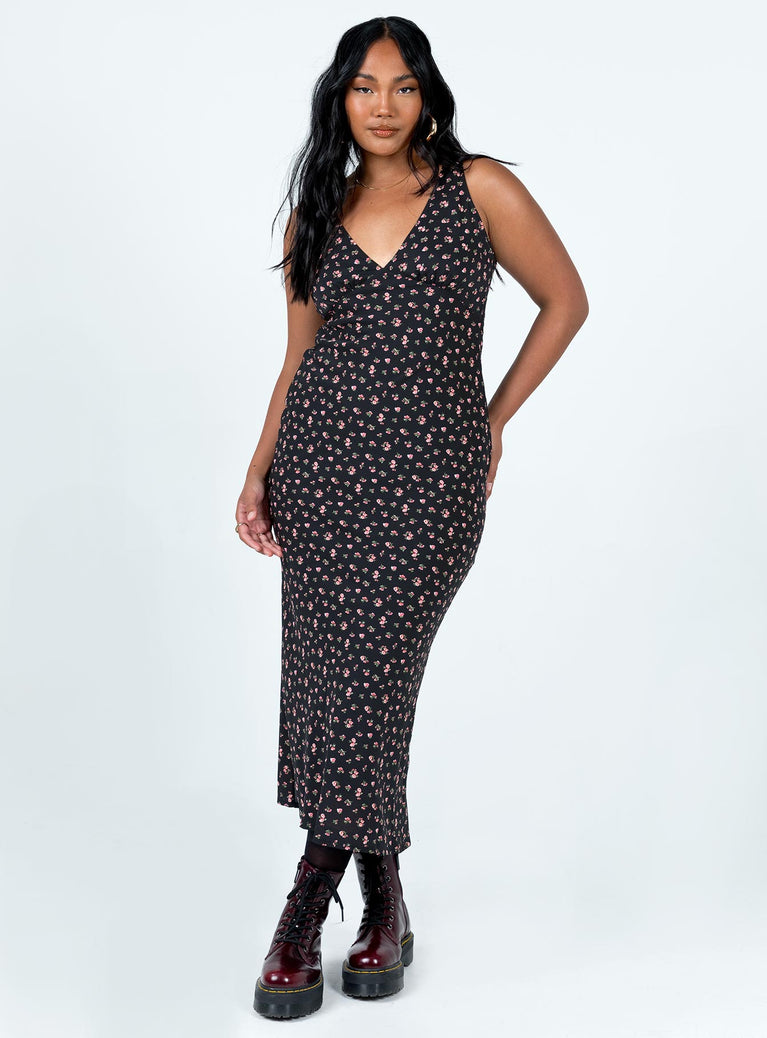 side view of model wearing Princess Polly Sariah Maxi Dress Black Petite V-Neck 