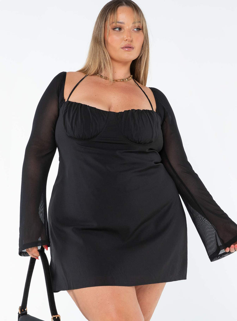 Princess Polly Square Neck  Dyer Sheer Sleeve Mini Dress Black Curve