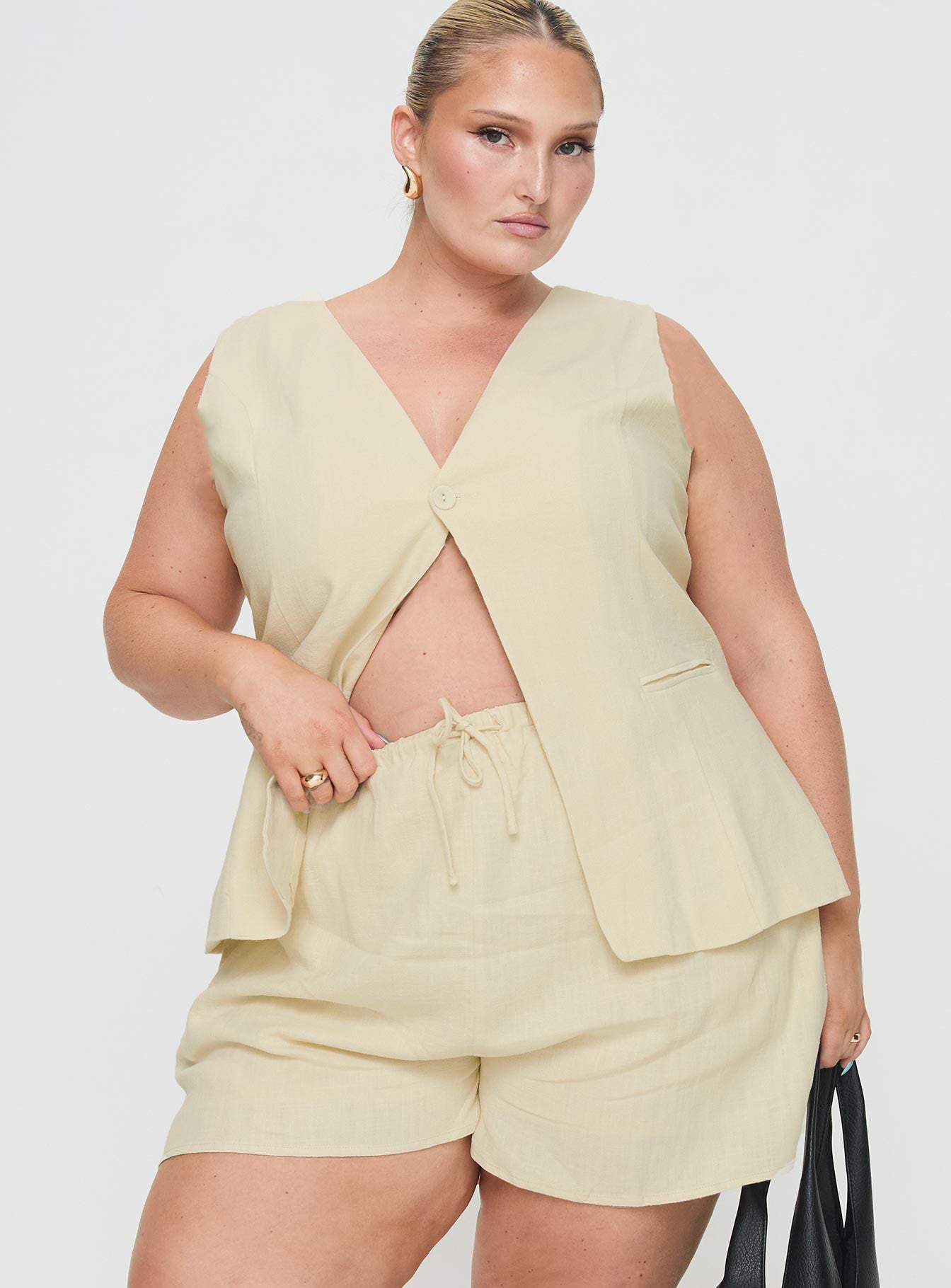 front view of model wearing Princess Polly This Summer Linen Blend Shorts Sand Curve High Waisted Shorts 