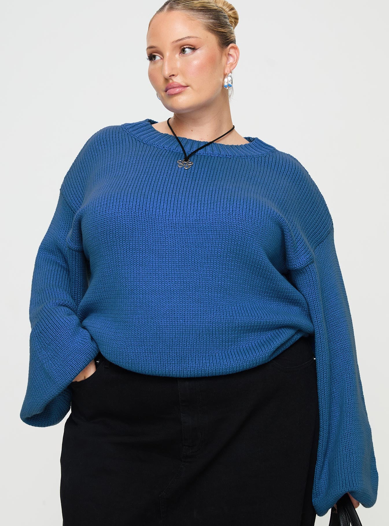 Harmony Balloon Sleeve Knit Sweater Blue Curve