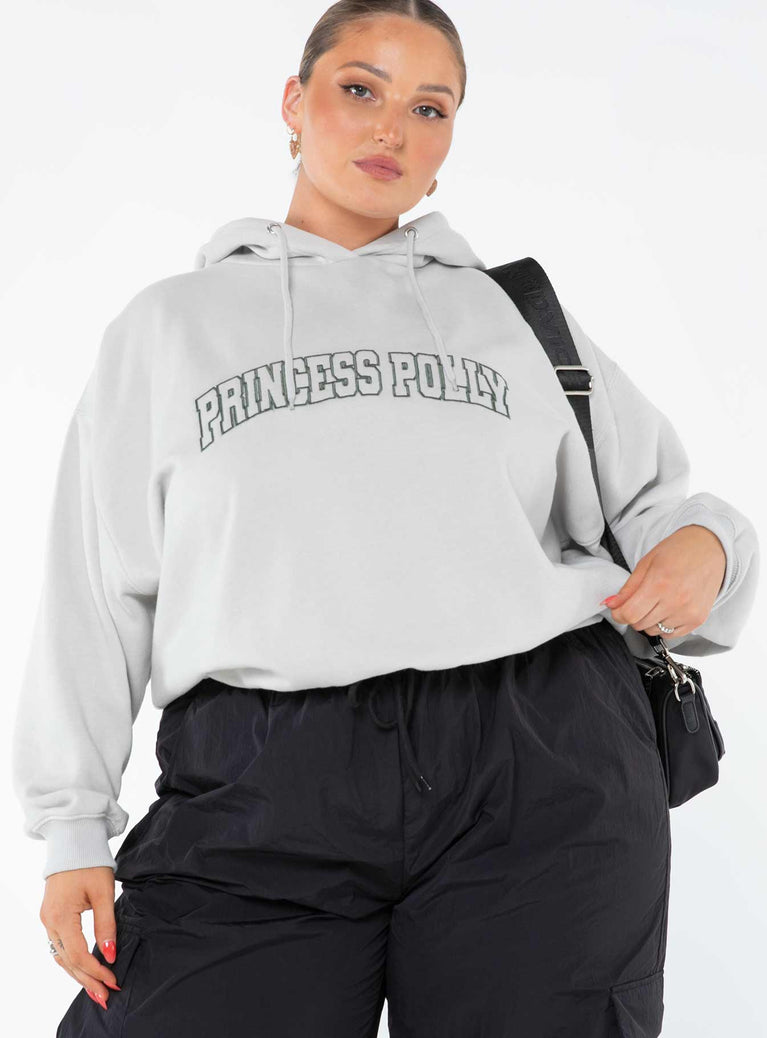 Princess Polly Hooded Sweatshirt Collegiate Text Grey / Green Curve Princess Polly  regular 