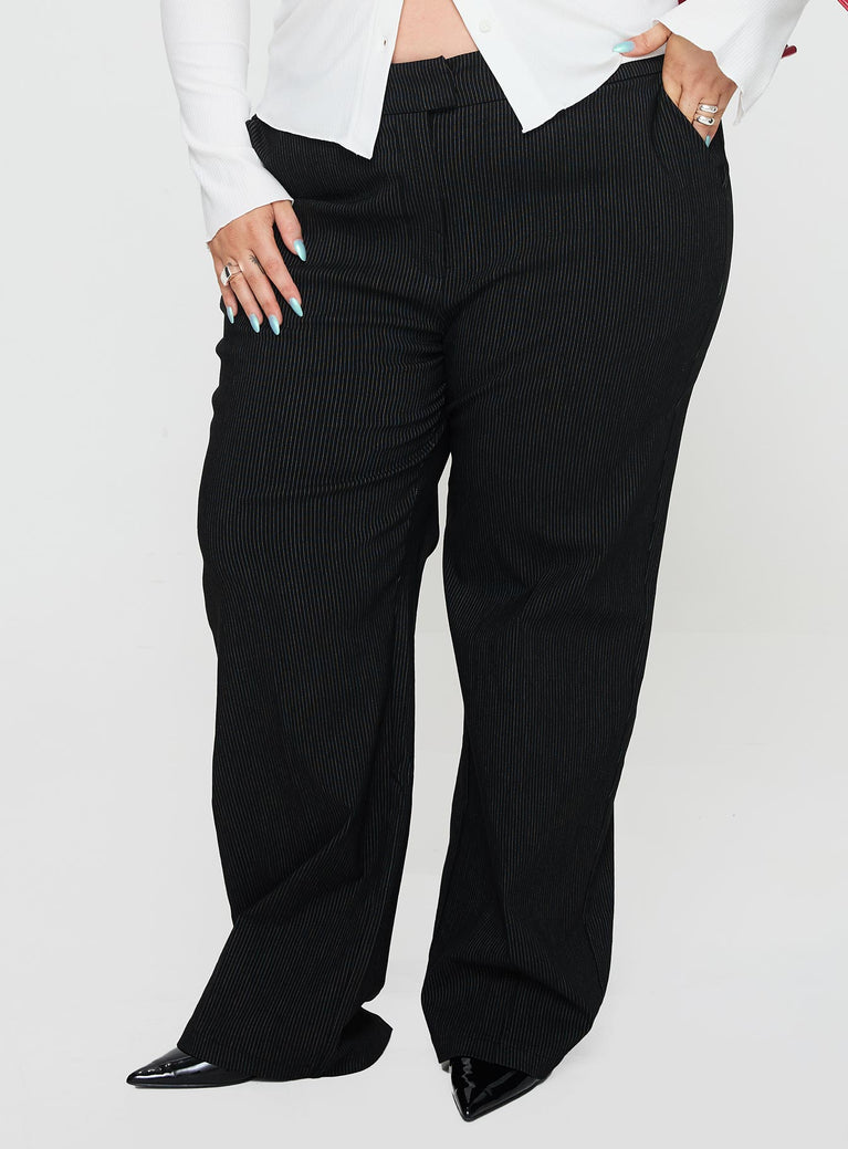 Princess Polly Curve  Pinstripe pants High rise, belt looped waist, zip & clasp fastening, twin hip pockets, straight leg Non-stretch material, unlined 