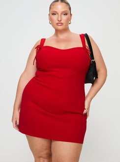 front view of model wearing Princess Polly Lovers Quarrel Mini Dress Red Curve Sweetheart Neckline 