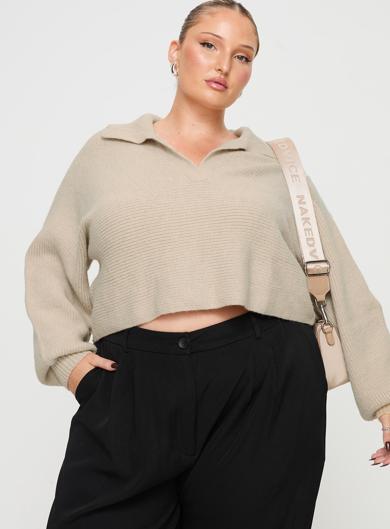 Tiara Cropped Sweater Beige Curve Princess Polly  Cropped 