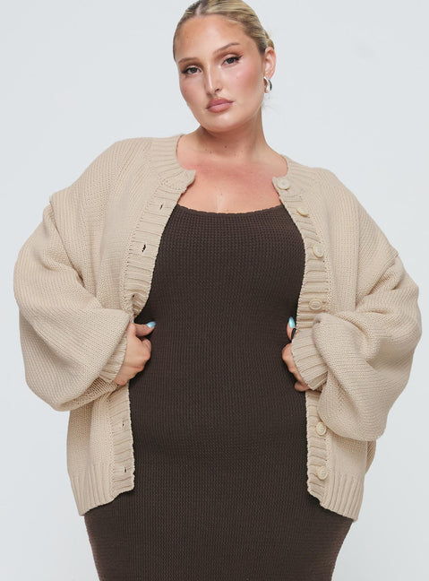 front view of model wearing Princess Polly Edern Cardigan Cream Curve Long 