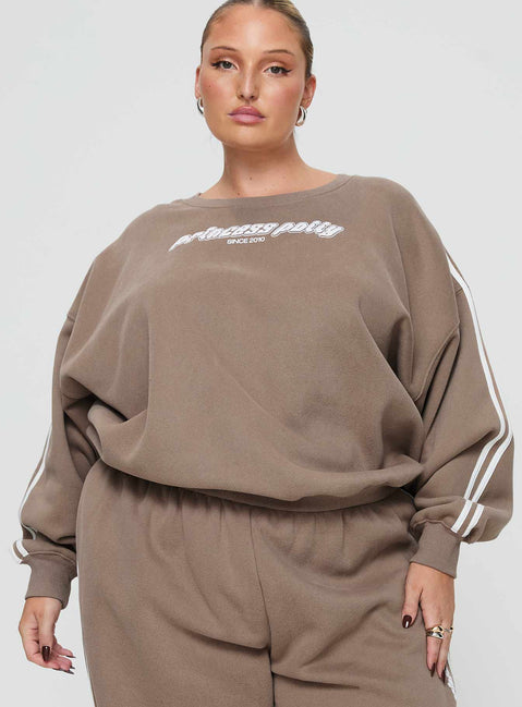 front view of model wearing Princess Polly Princess Polly Crew Neck Sweatshirt Stripe Taupe / White Curve 