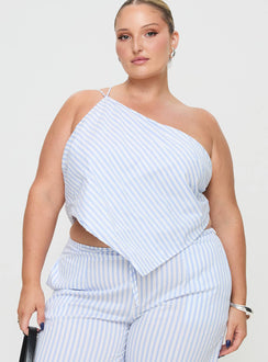 front view of model wearing Princess Polly Collied Asymmetric Top Blue / White Stripe Curve Sleeveless Asymmetric Neckline 