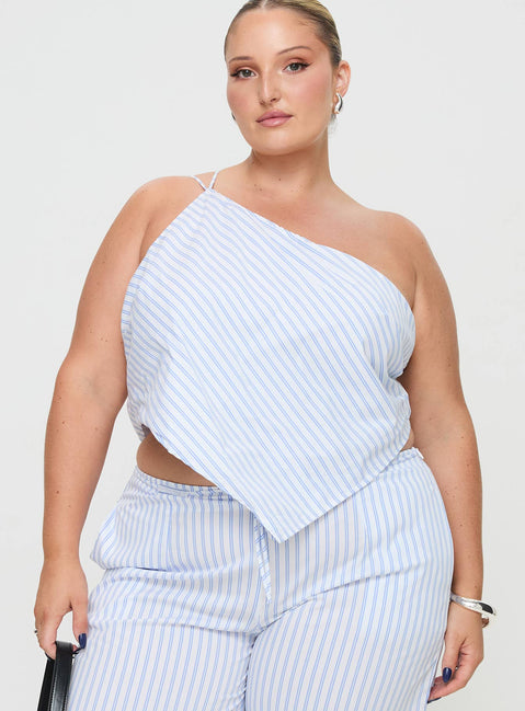 front view of model wearing Princess Polly Collied Asymmetric Top Blue / White Stripe Curve Sleeveless Asymmetric Neckline 