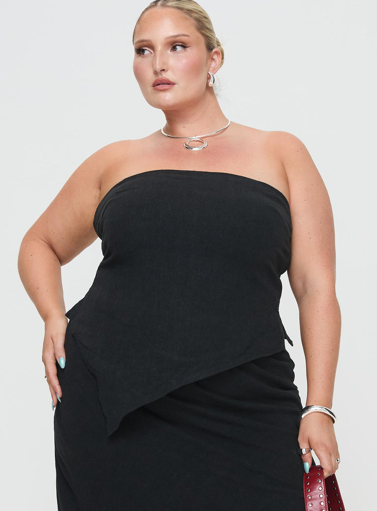 front view of model wearing Princess Polly Birdie Asymmetric Linen Blend Top Black Curve Sleeveless straight 