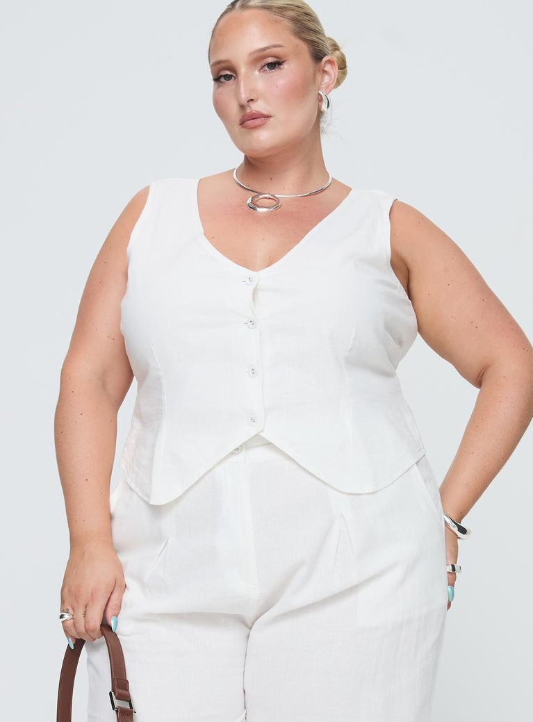 front view of model wearing Princess Polly Sofi Vest Top Natural Curve Sleeveless V-Neck 