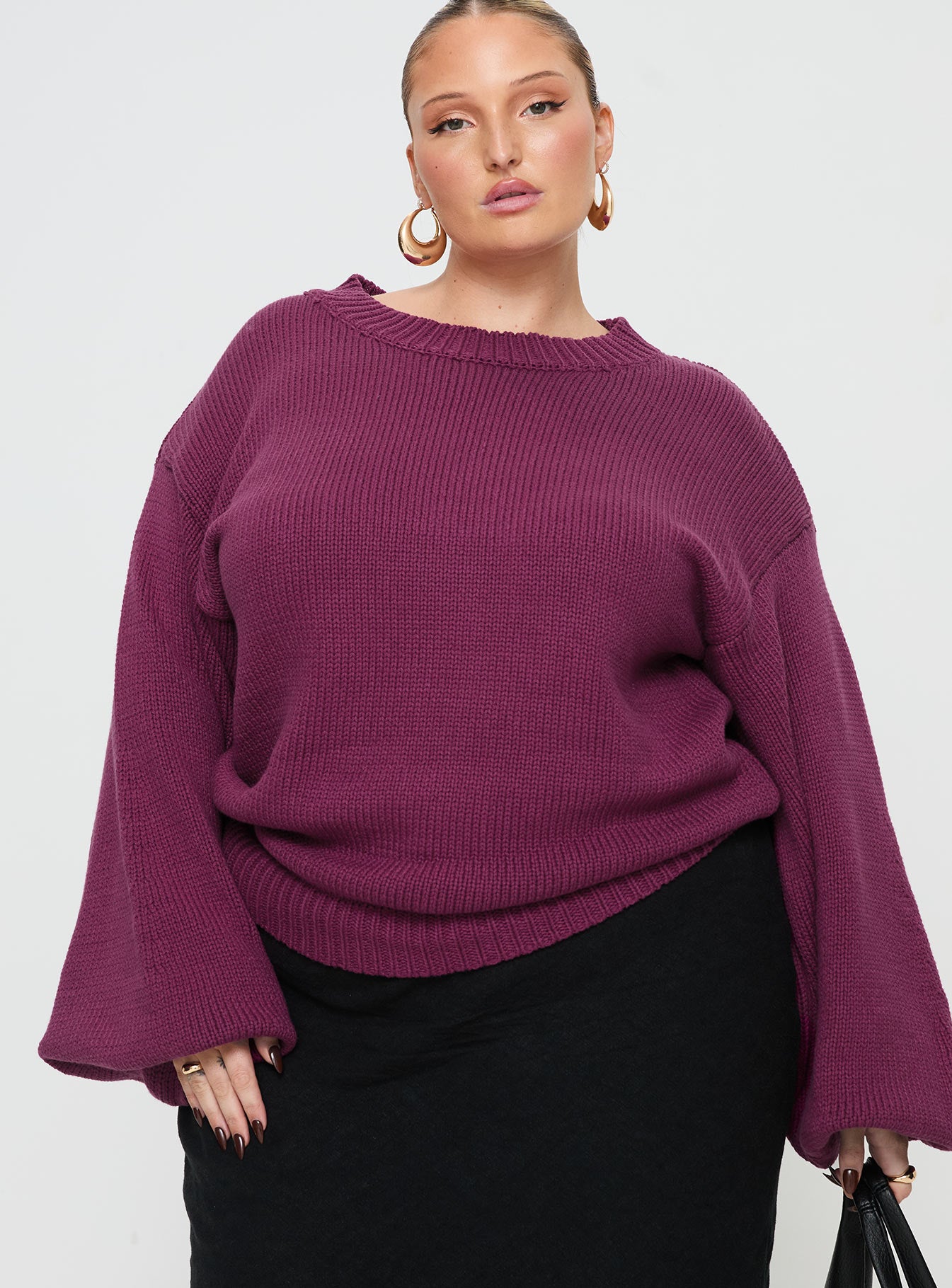 front view of model wearing Princess Polly Harmony Knit Sweater Burgundy Curve regular 