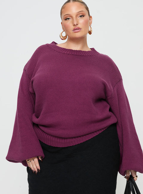 front view of model wearing Princess Polly Harmony Knit Sweater Burgundy Curve regular 