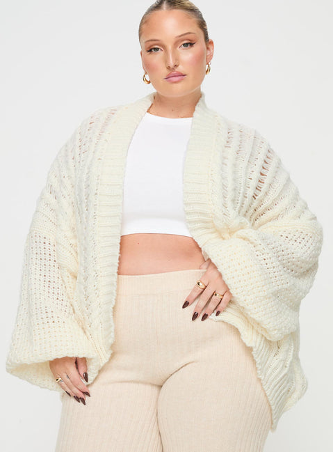 front view of model wearing Princess Polly Abner Cable Cardigan Cream Curve 