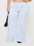 side view of model wearing Princess Polly Collied Low Rise Pants Blue / White Stripe Curve High Waisted Pants 