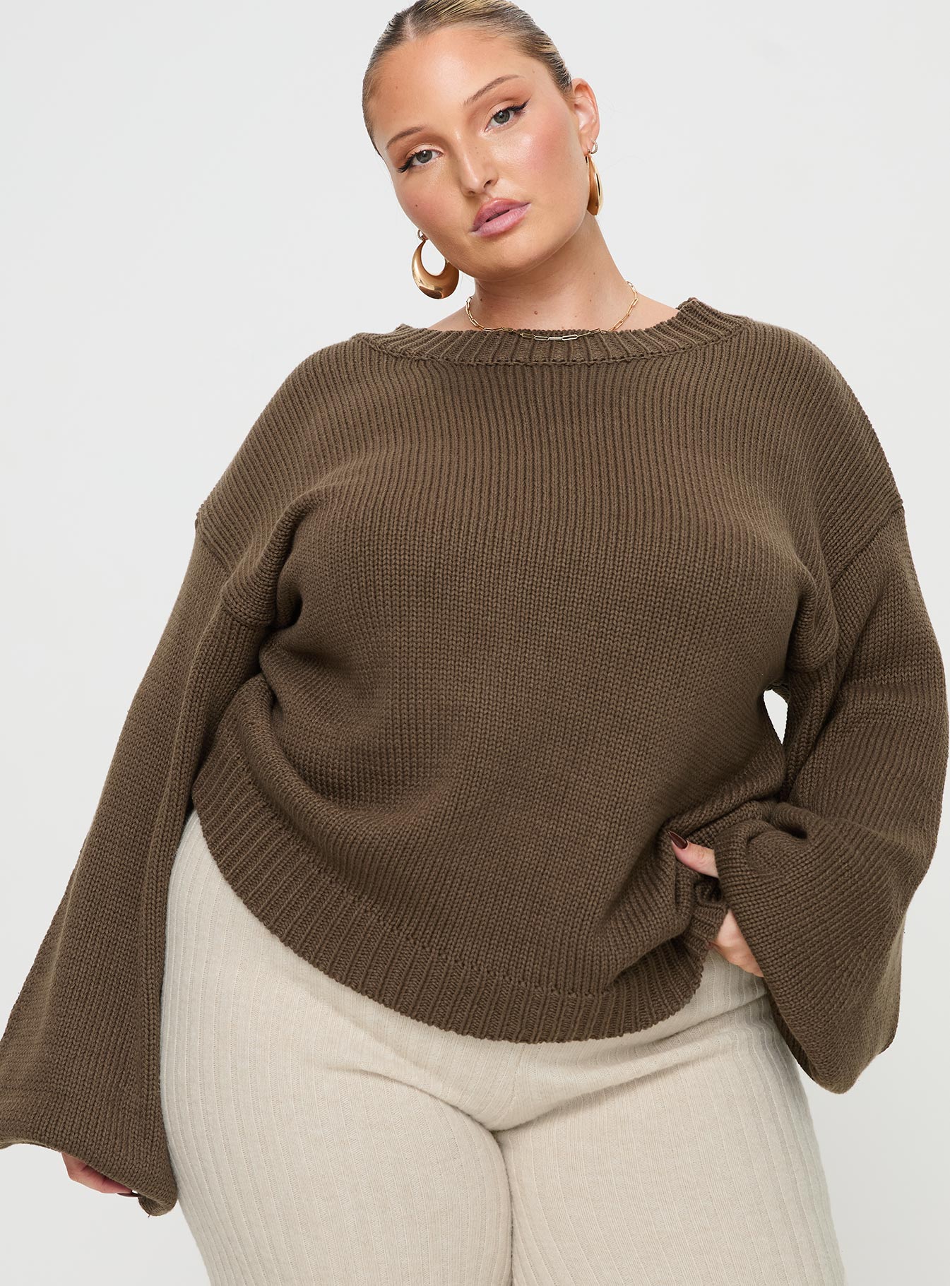 front view of model wearing Princess Polly Harmony Knit Sweater Dark Brown Curve 