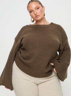 front view of model wearing Princess Polly Harmony Knit Sweater Dark Brown Curve 