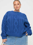 Blue Cable knit sweater Crew neckline, drop shoulder