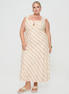 front view of model wearing Princess Polly Chosen Girl Linen Blend Maxi Dress Multi Curve Square Neck 
