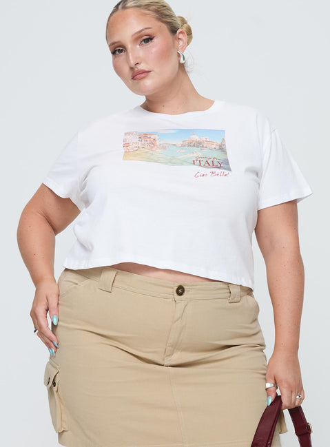 front view of model wearing Princess Polly Italy Love Tee Ivory Curve Short Sleeves Crew Neck 