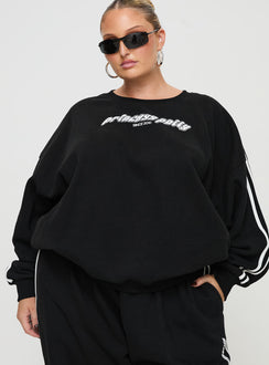 front view of model wearing Princess Polly Princess Polly Crew Neck Sweatshirt Stripe Black / White Curve 