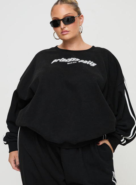 front view of model wearing Princess Polly Princess Polly Crew Neck Sweatshirt Stripe Black / White Curve 