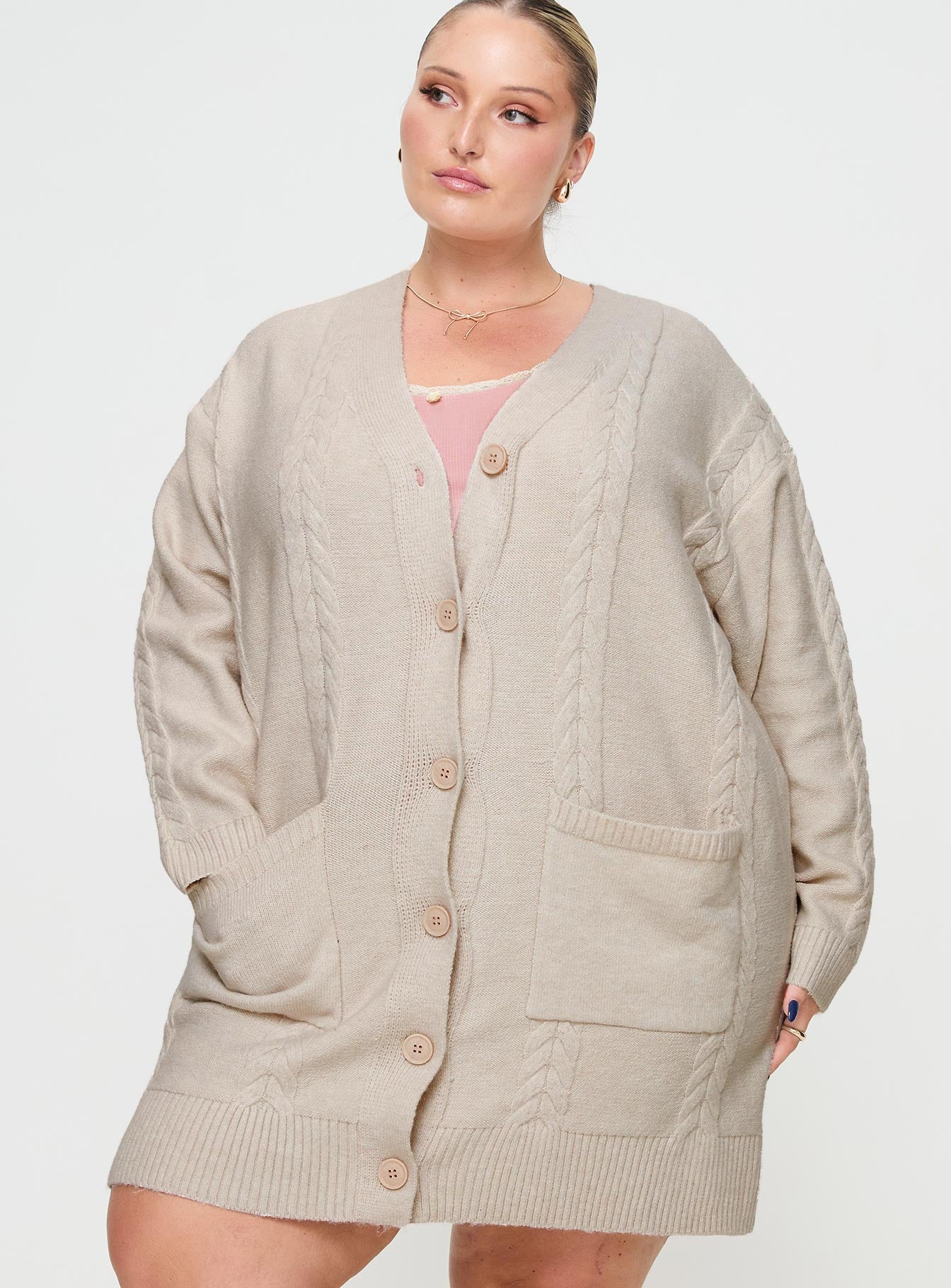 front view of model wearing Princess Polly Cardi Long Sleeve Mini Dress Cream Curve V-Neck 