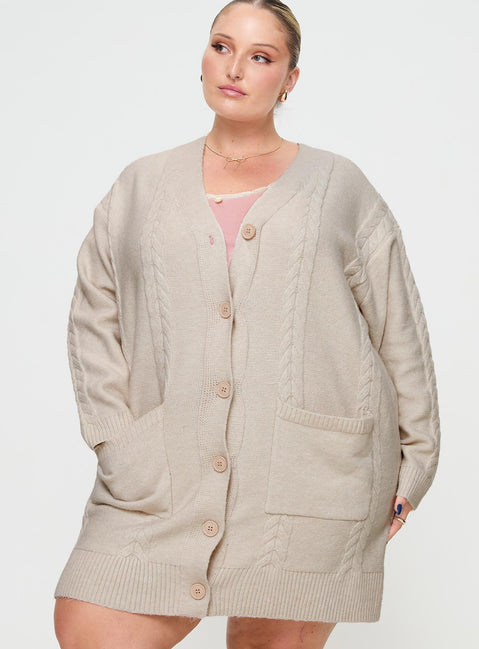 front view of model wearing Princess Polly Cardi Long Sleeve Mini Dress Cream Curve V-Neck 