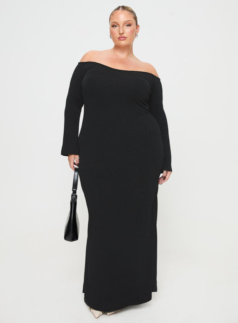 front view of model wearing Princess Polly Korey Off The Shoulder Maxi Dress Black Curve Straight Neck 