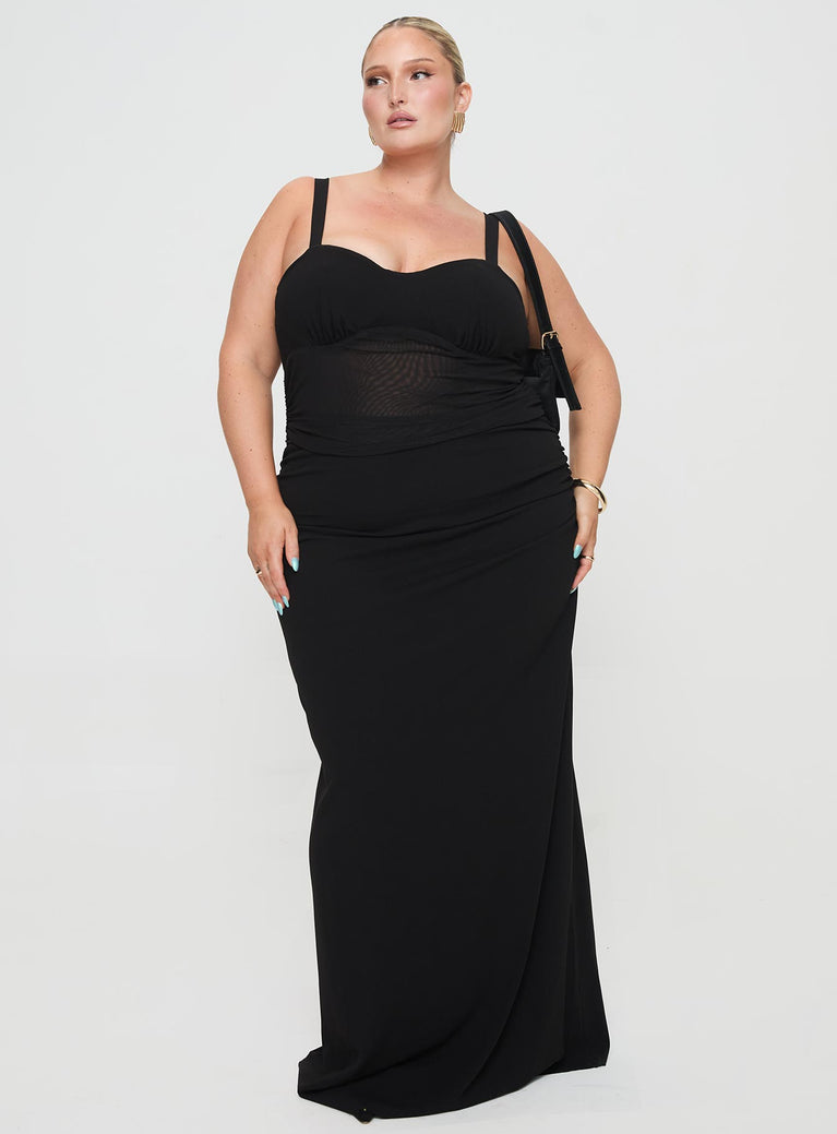 Black maxi dress adjustable straps, sweetheart neckline, mesh material, ruching detail, split hem