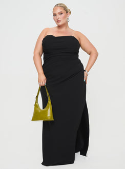 front view of model wearing Princess Polly Ferri Strapless Maxi Dress Black Curve Straight Neck 
