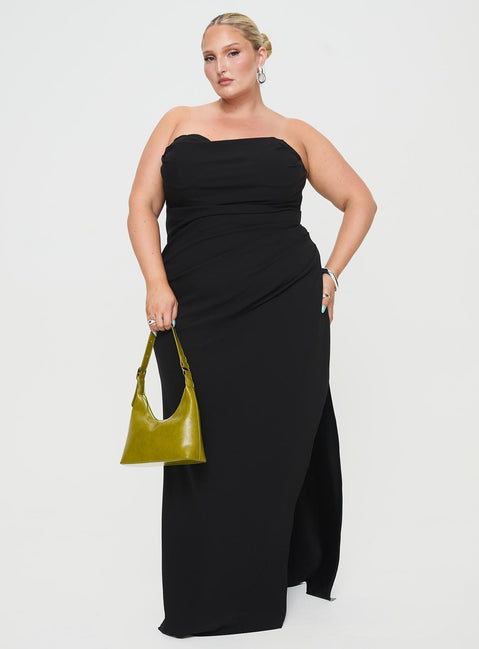 front view of model wearing Princess Polly Ferri Strapless Maxi Dress Black Curve Straight Neck 