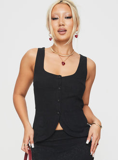 front view of model wearing Princess Polly Spirito Vest Top Black Sleeveless Scoop Neck 