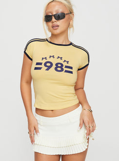 front view of model wearing Princess Polly Salda Top Lemonade / Navy Short Sleeves Crew Neck 