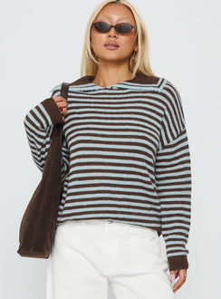 front view of model wearing Princess Polly Moon Went Dark Collared Knit Sweater Stripe 
