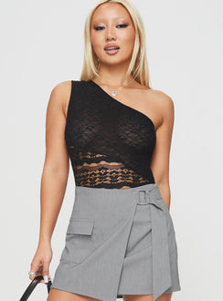 front view of model wearing Princess Polly Knotti Lace Bodysuit Black Sleeveless 