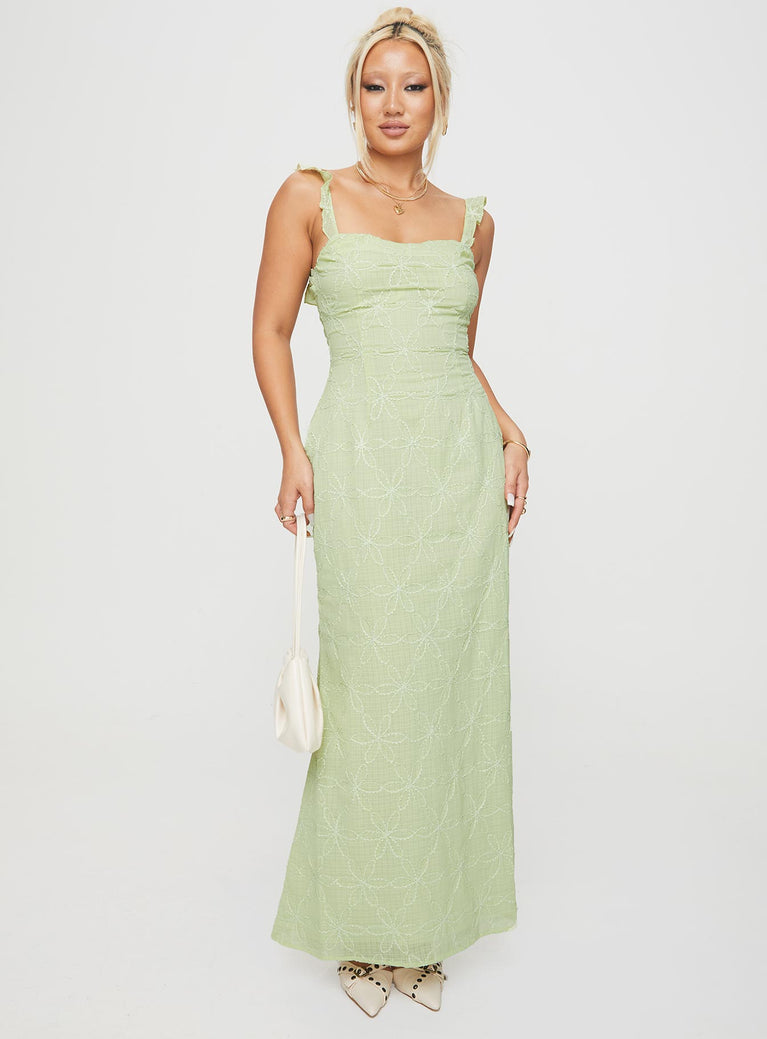 side view of model wearing Princess Polly Burner Maxi Dress Green Sweetheart Neckline 