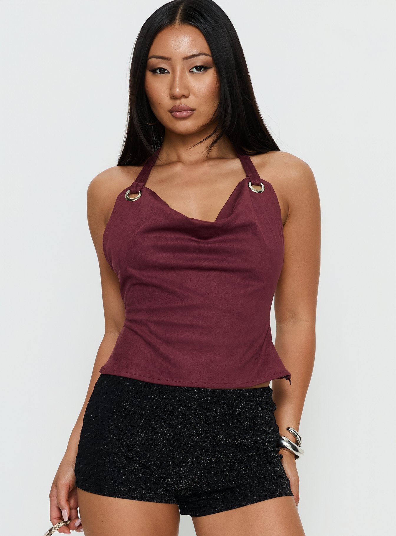 Yasenia Faux Suede Halter Top Burgundy
