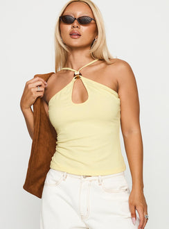 side view of model wearing Princess Polly Luminarie Cut Out Top Lemon Sleeveless Asymmetric Neckline 