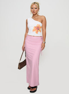   front view of model wearing Princess Polly Fluttering Maxi Skirt Pink Stripe Maxi 