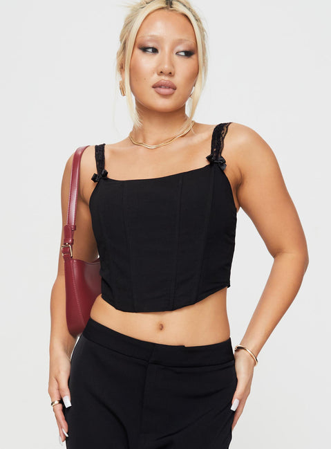 front view of model wearing Princess Polly Thaxten Top Black Sleeveless Square Neck 