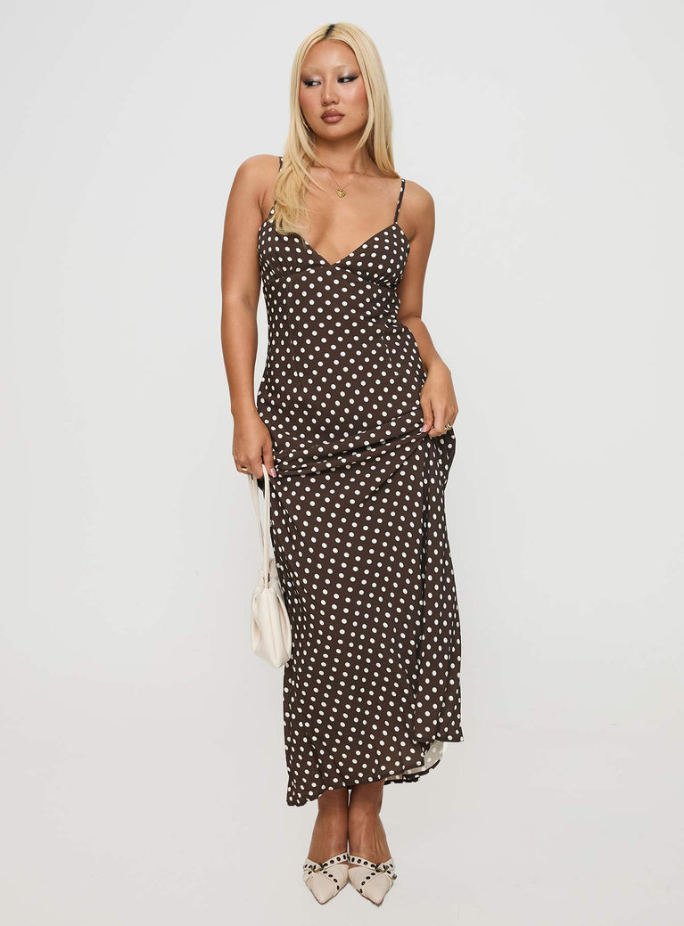 side view of model wearing Princess Polly Jorjana Polka Maxi Dress Brown / White Plunger 