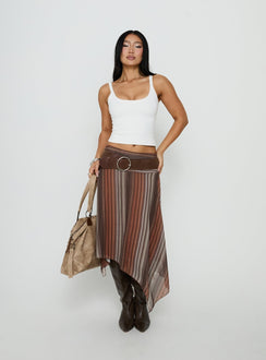 Showcasing the Massino Asymmetrical Midi Skirt Multi Stripe womens-skirts featuring midi length with belt and relaxed fit front view of model wearing Princess Polly