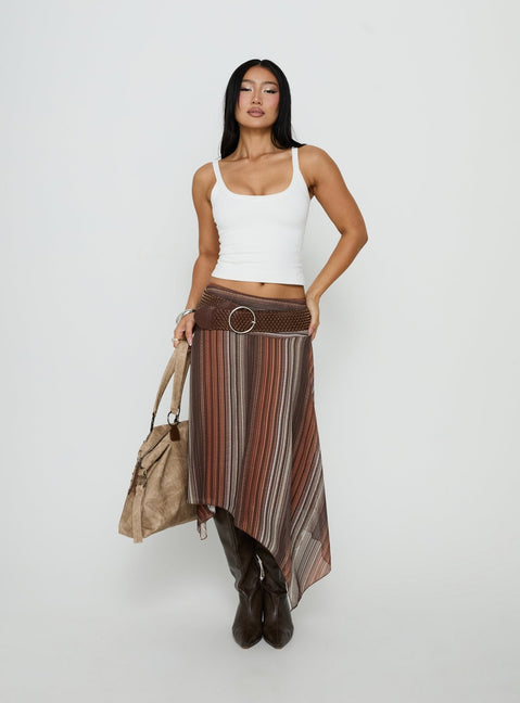 Showcasing the Massino Asymmetrical Midi Skirt Multi Stripe womens-skirts featuring midi length with belt and relaxed fit front view of model wearing Princess Polly