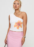 side view of model wearing Princess Polly Huxlee One Shoulder Top White Floral Sleeveless Asymmetric Neckline 