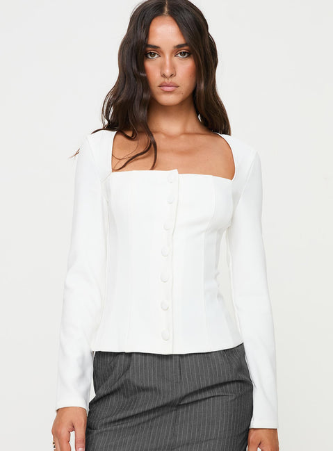 front view of model wearing Princess Polly Gaskin Long Sleeve Top White Full Sleeves Square Neck 