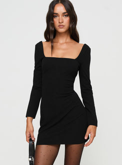 front view of model wearing Princess Polly Karina Long Sleeve Mini Dress Black Square Neck 