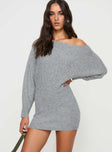 front view of model wearing Princess Polly Peregrine Cold Shoulder Mini Dress Grey Asymmetric Neckline 